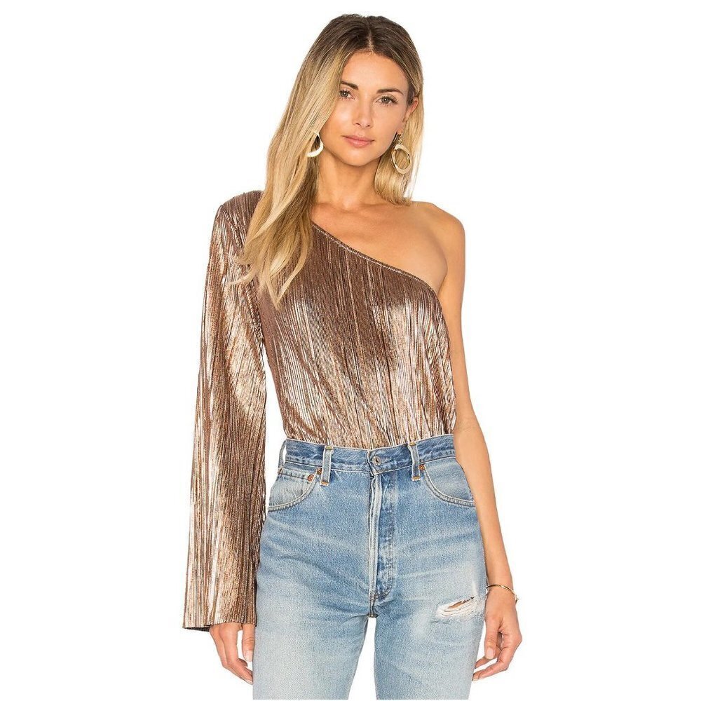 NWT House Of Harlow 1960 x Revolve Ross Rose Gold Metallic One Shoulder Boho Top